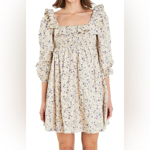 English Factory Square Neck Minidress | Cotton Floral Ruffle Baby Doll Dress - Picture 1 of 4